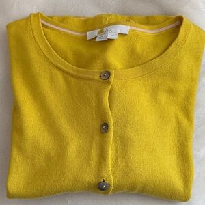 Boden Cotton Blend Fine Gauge Knit Cardigan Sweater, Medium, Mustard Yellow/Pink